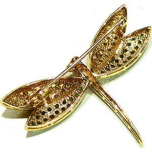 Dragonfly estate brooch pin with sapphire, tsavorite and diamond set in 14k yellow gold
