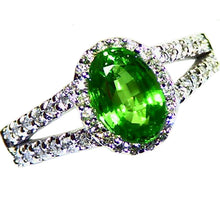 Load image into Gallery viewer, Bright green, natural tsavorite garnet diamond halo white gold ring

