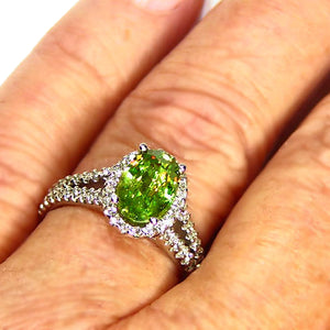 Green Sphene and diamond ring in 14k white gold