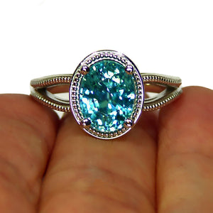 Bright blue all natural Zircon 14k white gold ring