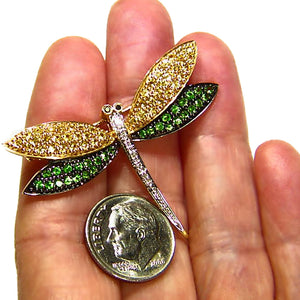Sapphire, tsavorite, diamond solid gold estate brooch pin